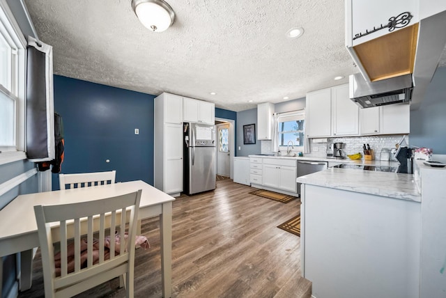 kitchen with dark wood-type flooring, tasteful backsplash, a textured ceiling, appliances with stainless steel finishes, and white cabinets