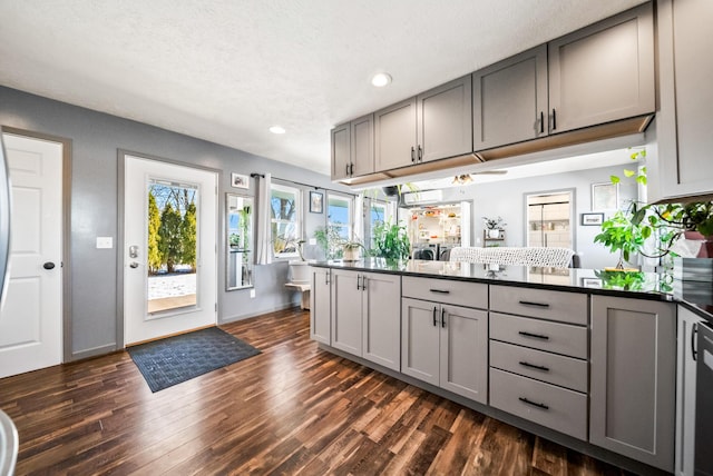 kitchen with stainless steel dishwasher, dark wood-type flooring, gray cabinetry, and a textured ceiling