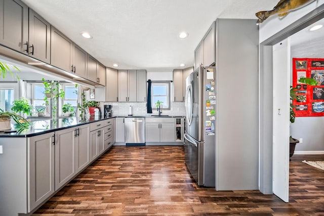 kitchen featuring gray cabinetry, sink, stainless steel appliances, and dark hardwood / wood-style floors