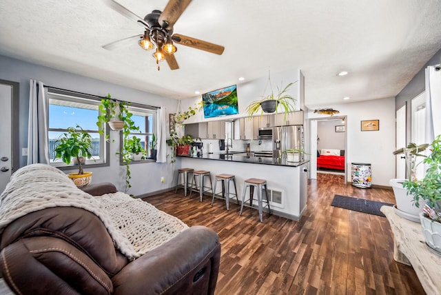 living room featuring dark hardwood / wood-style floors, sink, and ceiling fan