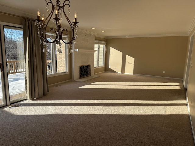 interior space featuring ornamental molding, carpet flooring, and a chandelier