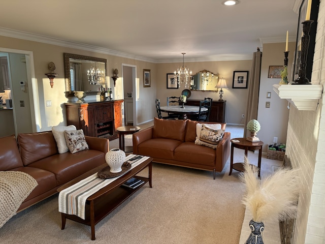 carpeted living room featuring an inviting chandelier, crown molding, and a fireplace