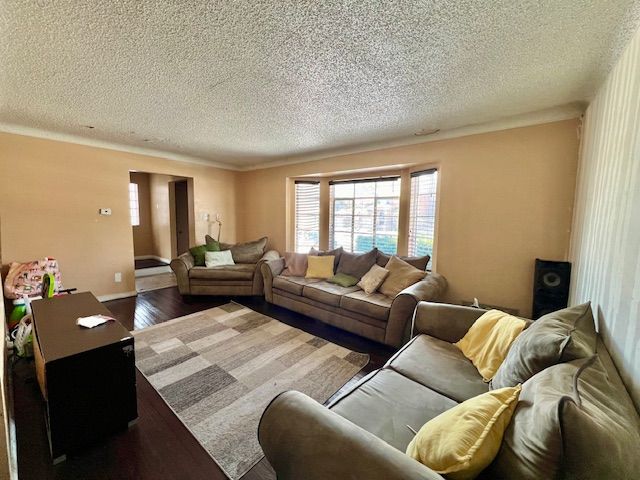 living room with hardwood / wood-style floors and a textured ceiling