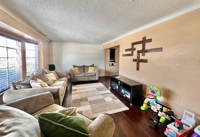 living room featuring hardwood / wood-style floors and a textured ceiling