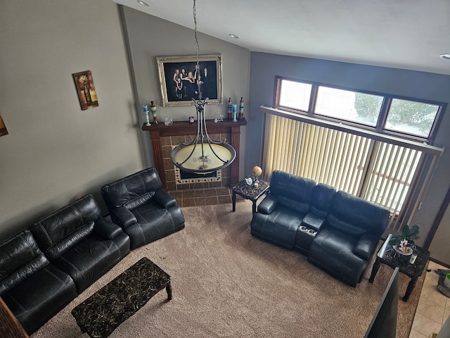 carpeted living room with lofted ceiling