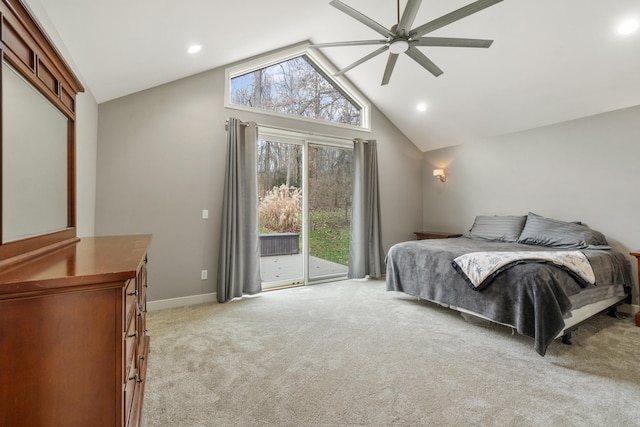 bedroom featuring high vaulted ceiling, light carpet, access to outside, and ceiling fan