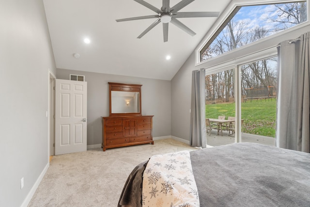 bedroom featuring high vaulted ceiling, light carpet, access to exterior, and ceiling fan