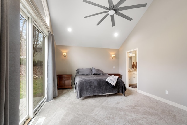 bedroom with light carpet, connected bathroom, access to exterior, and ceiling fan