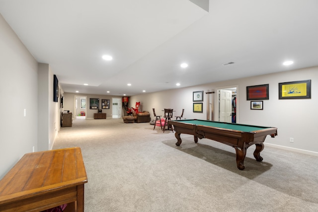 rec room with billiards and light carpet