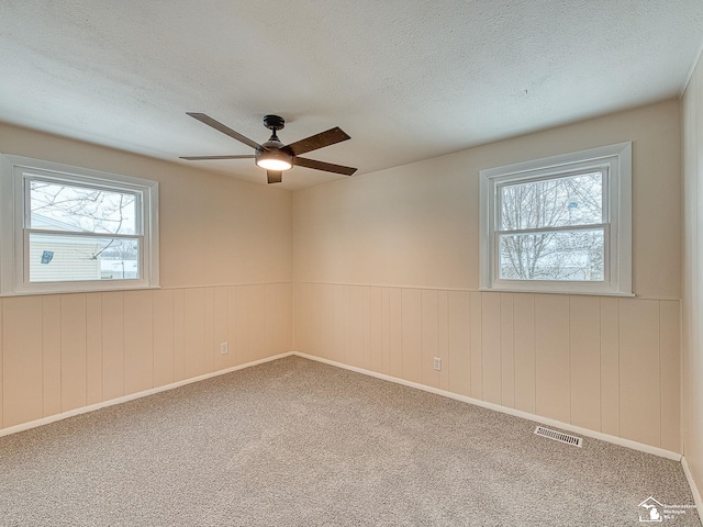 empty room featuring ceiling fan, wood walls, a textured ceiling, and carpet flooring