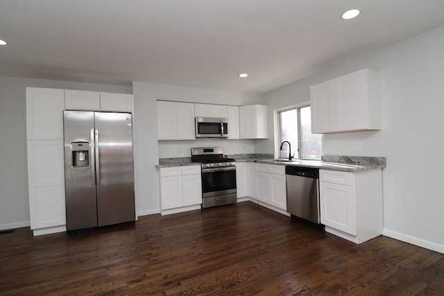 kitchen with white cabinetry, sink, dark wood-type flooring, and stainless steel appliances