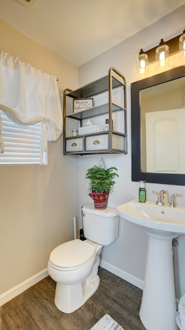 bathroom featuring wood-type flooring, toilet, and sink