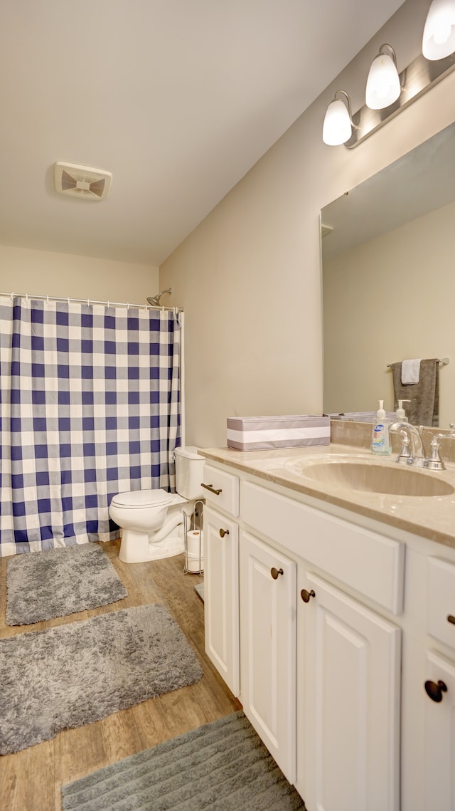 bathroom with hardwood / wood-style flooring, vanity, and toilet