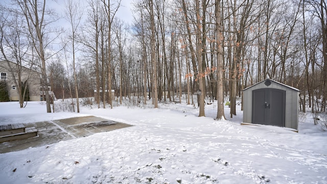 yard covered in snow featuring a storage unit