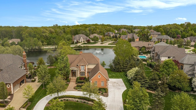 bird's eye view with a water view