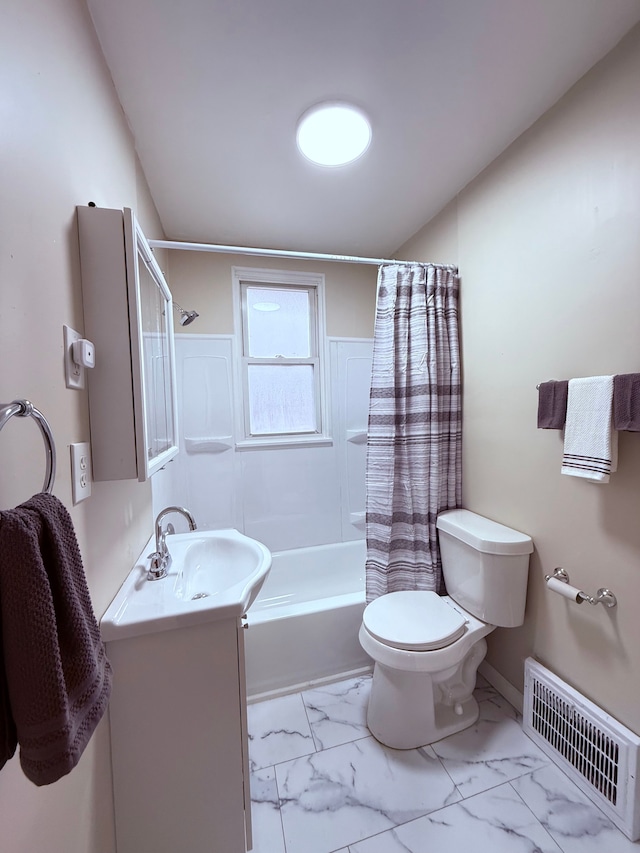 full bathroom featuring shower / bath combination with curtain, vanity, and toilet