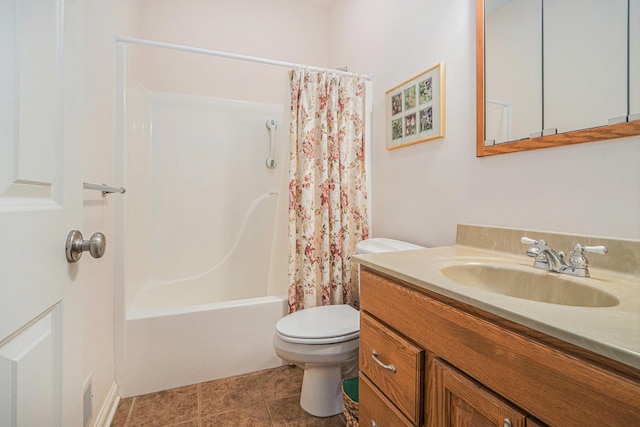 full bathroom with shower / bath combination with curtain, vanity, and toilet