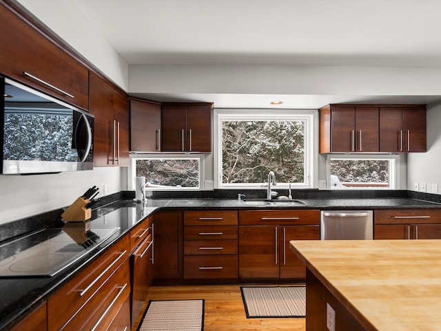 kitchen featuring sink, light hardwood / wood-style flooring, wood counters, black electric cooktop, and stainless steel dishwasher