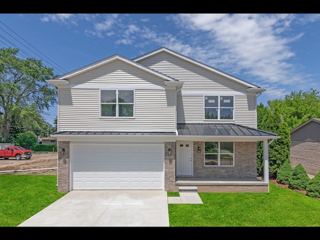 view of front of property with a porch, a garage, and a front yard