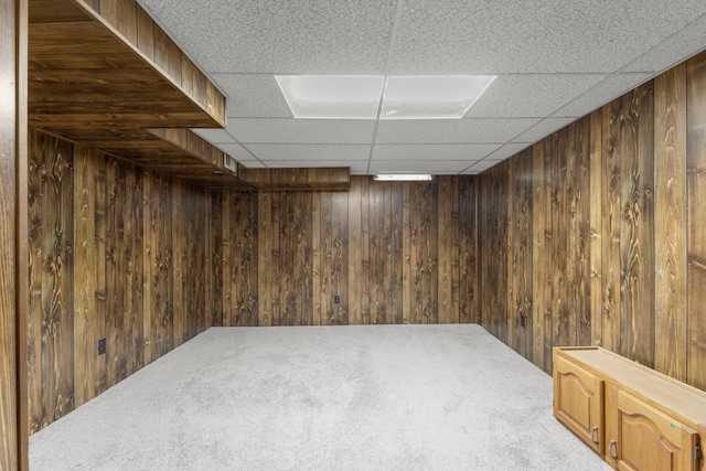 basement featuring carpet floors and wood walls