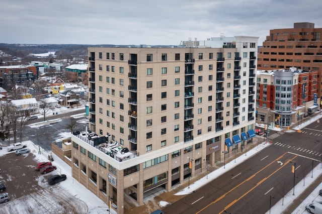 view of snow covered building