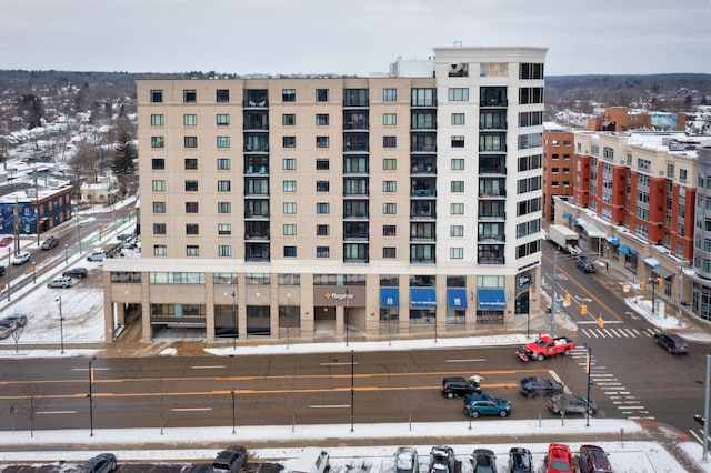 view of snow covered building