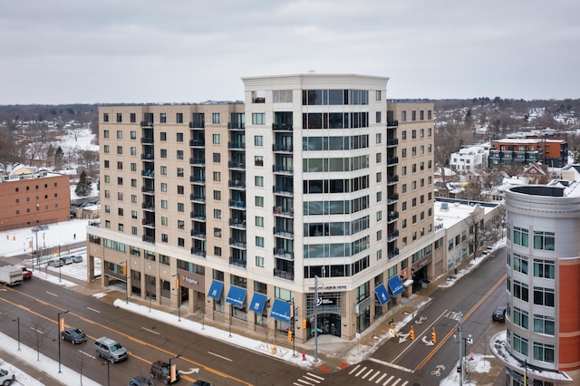 view of snow covered building