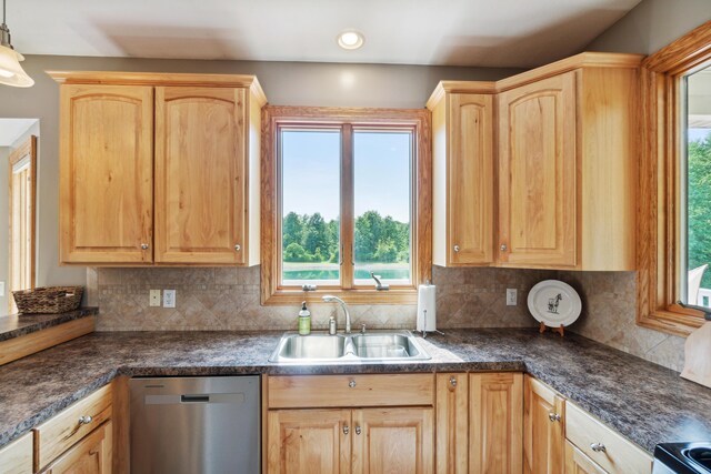 1084 38th St, Allegan, MI 49010 - kitchen featuring sink, stainless steel dishwasher, light brown cabinetry, and decorative backsplash