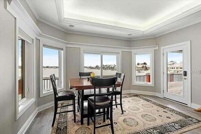 dining space featuring hardwood / wood-style floors, a tray ceiling, and ornamental molding