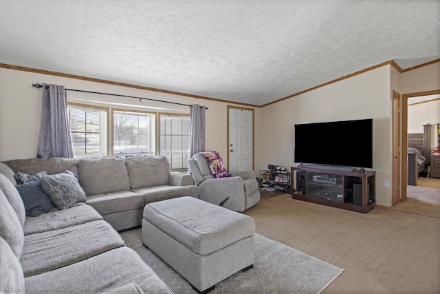 living room featuring crown molding, light carpet, and a textured ceiling