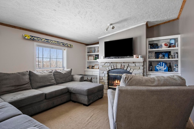 carpeted living room featuring crown molding, lofted ceiling, a fireplace, and a textured ceiling