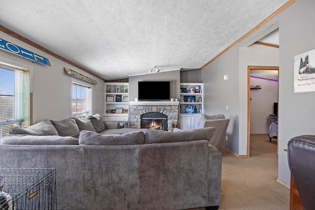 living room featuring vaulted ceiling, light colored carpet, a fireplace, and a textured ceiling