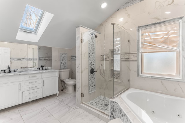 full bathroom with toilet, vanity, vaulted ceiling with skylight, and plus walk in shower