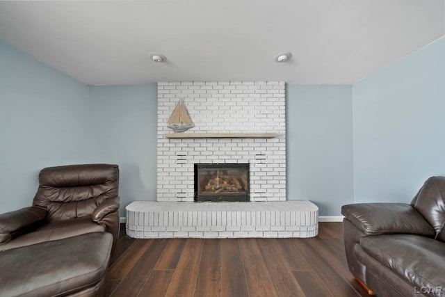 living room featuring dark hardwood / wood-style floors and a fireplace