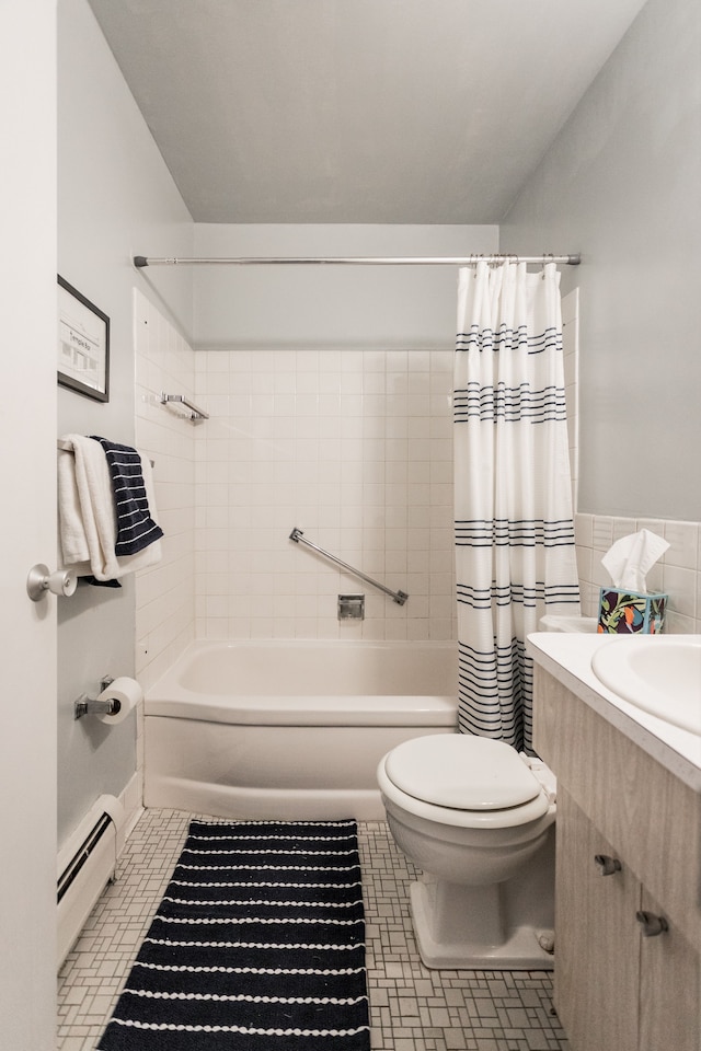 full bathroom featuring tile patterned floors, toilet, a baseboard radiator, vanity, and shower / bath combination with curtain