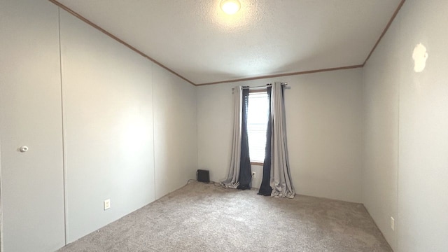 carpeted spare room with crown molding and a textured ceiling