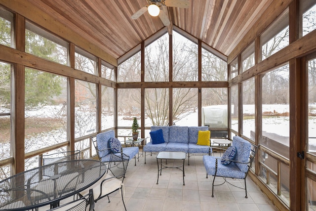 sunroom / solarium featuring wood ceiling, a wealth of natural light, ceiling fan, and vaulted ceiling