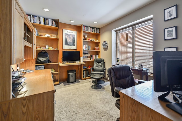 office area featuring built in shelves and light colored carpet