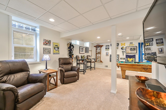 game room featuring billiards, a paneled ceiling, light colored carpet, and plenty of natural light