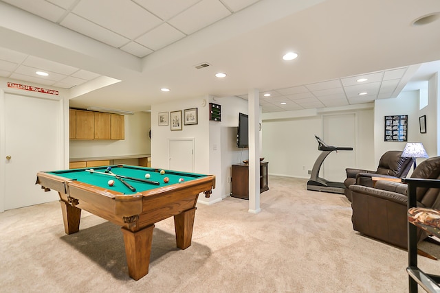 game room with pool table, light carpet, and a drop ceiling