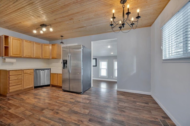 kitchen with dark hardwood / wood-style floors, wood ceiling, appliances with stainless steel finishes, and decorative light fixtures