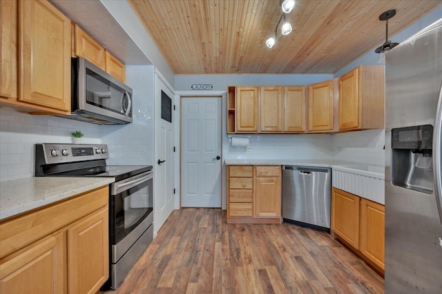 kitchen featuring appliances with stainless steel finishes, tasteful backsplash, wood ceiling, dark wood-type flooring, and light brown cabinets