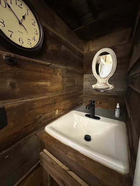 bathroom with vanity and wooden walls