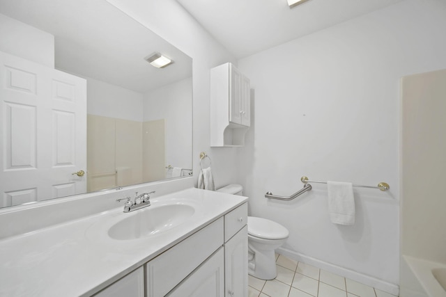 full bathroom featuring vanity, tile patterned floors, independent shower and bath, and toilet