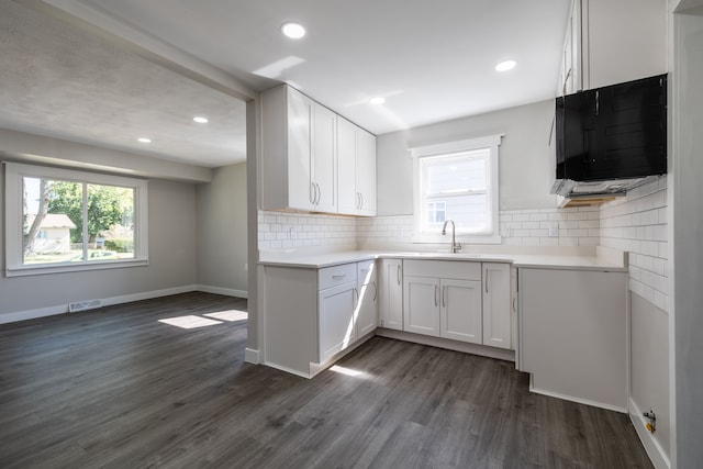 kitchen featuring white cabinetry, sink, dark wood-type flooring, and tasteful backsplash