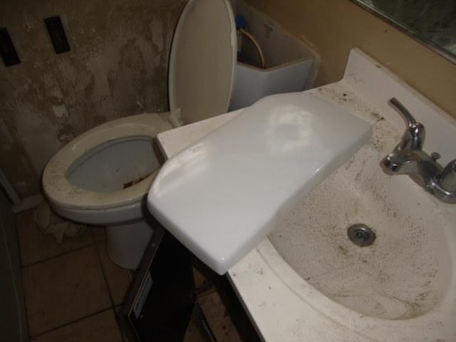 bathroom featuring vanity, tile patterned flooring, and toilet