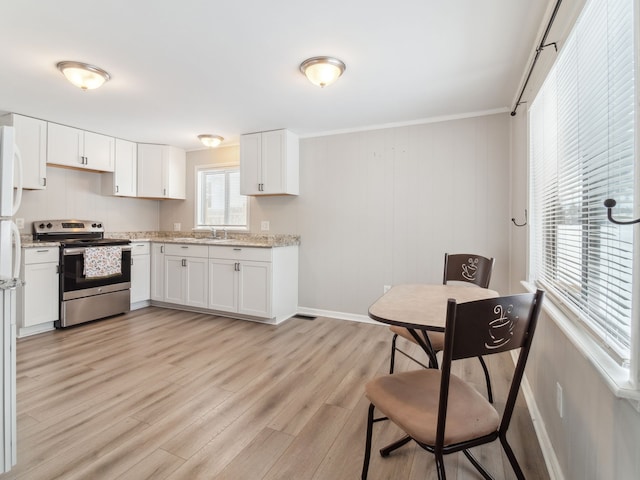 kitchen with stainless steel range with electric stovetop, light hardwood / wood-style floors, sink, and white cabinets