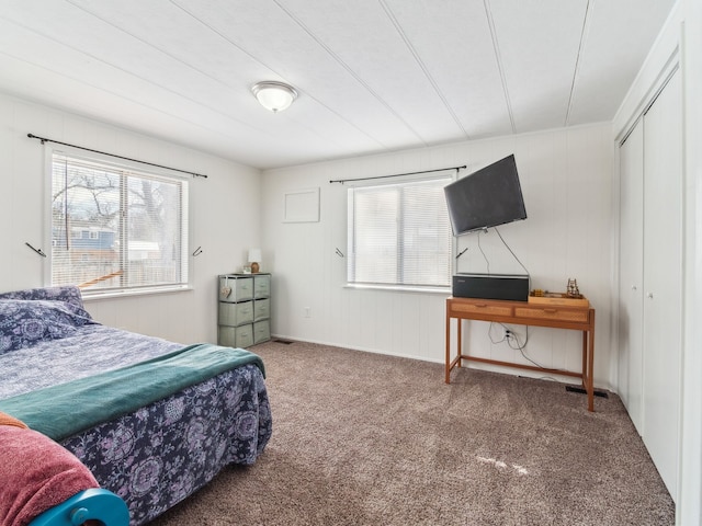 carpeted bedroom with multiple windows and a closet