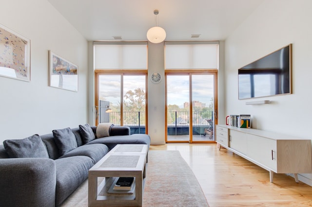 living room with light hardwood / wood-style flooring