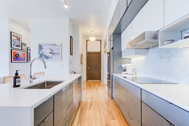 kitchen with extractor fan, sink, decorative backsplash, stainless steel appliances, and light hardwood / wood-style flooring